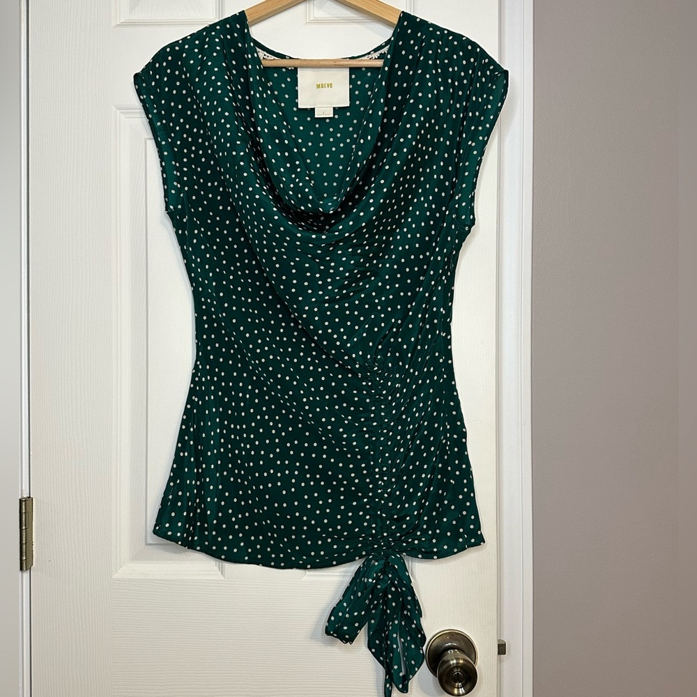 Maeve Anthropologie Green Silk Polka Dot Blouse